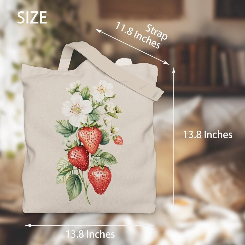 Strawberry Tote Bag Canvas Large Capacity Multi-Purpose for Women - Picture 3 of 4